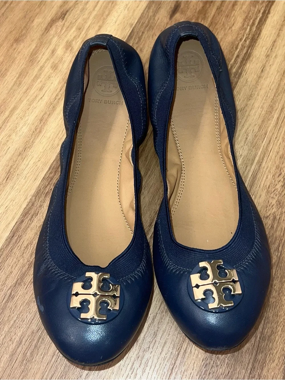Tory Burch Navy Leather Ballet Flats with Gold Logo